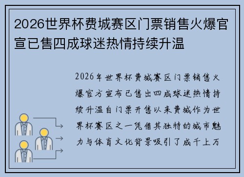 2026世界杯费城赛区门票销售火爆官宣已售四成球迷热情持续升温